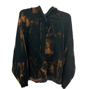 Zara Mens Small Black TanOrange Bleach Wash Tie Dye Raglan Hoodie Sweatshirt EUC